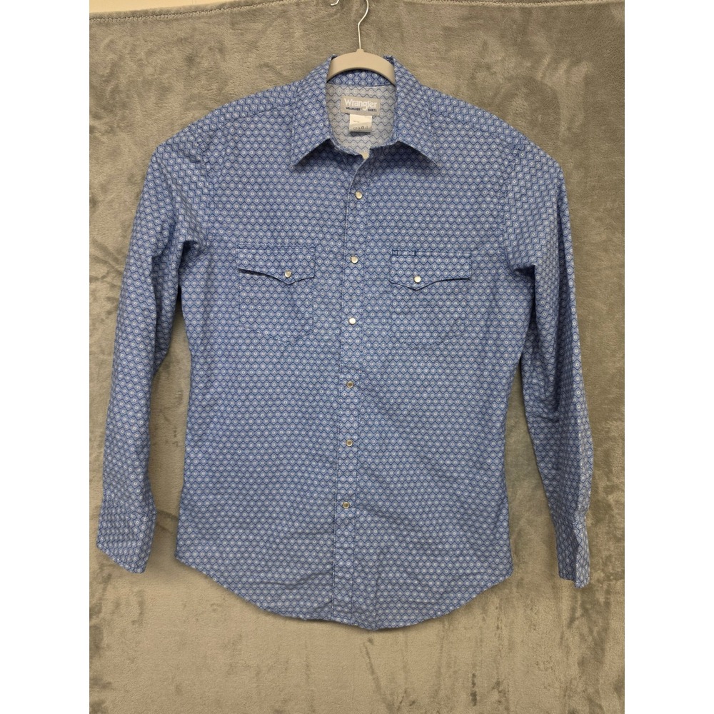 Wrangler Wrancher Mens Blue Geometric Pearl Snap Western Shirt MTW1434 Medium